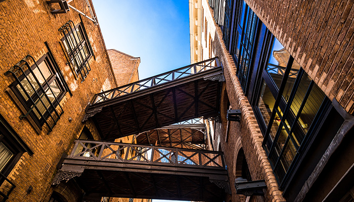 Exterior of buildings with bridges going between them